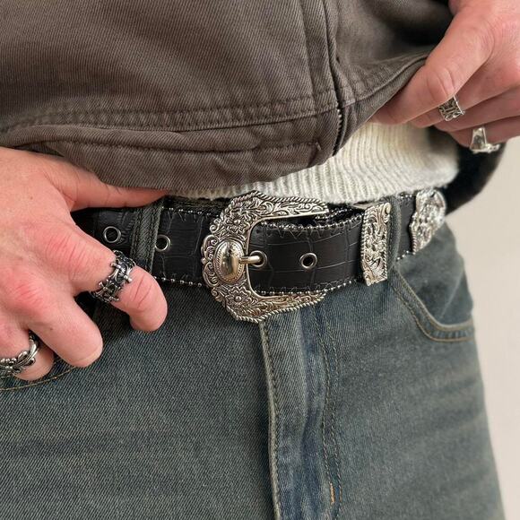 vintage black alligator skin western cowboy boho belt - Picture 7 of 9